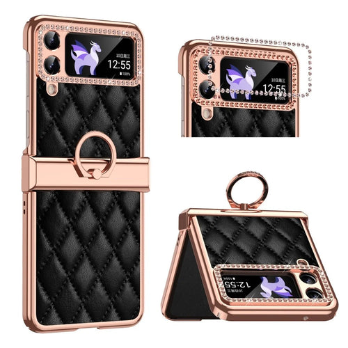 For Samsung Galaxy Z Flip4 5G Ring Kickstand PU Leather Coated PC Phone Case Rhinestone Decor Electroplate Imprinted Rhombus Grid Pattern Shockproof Cover - Black - 1