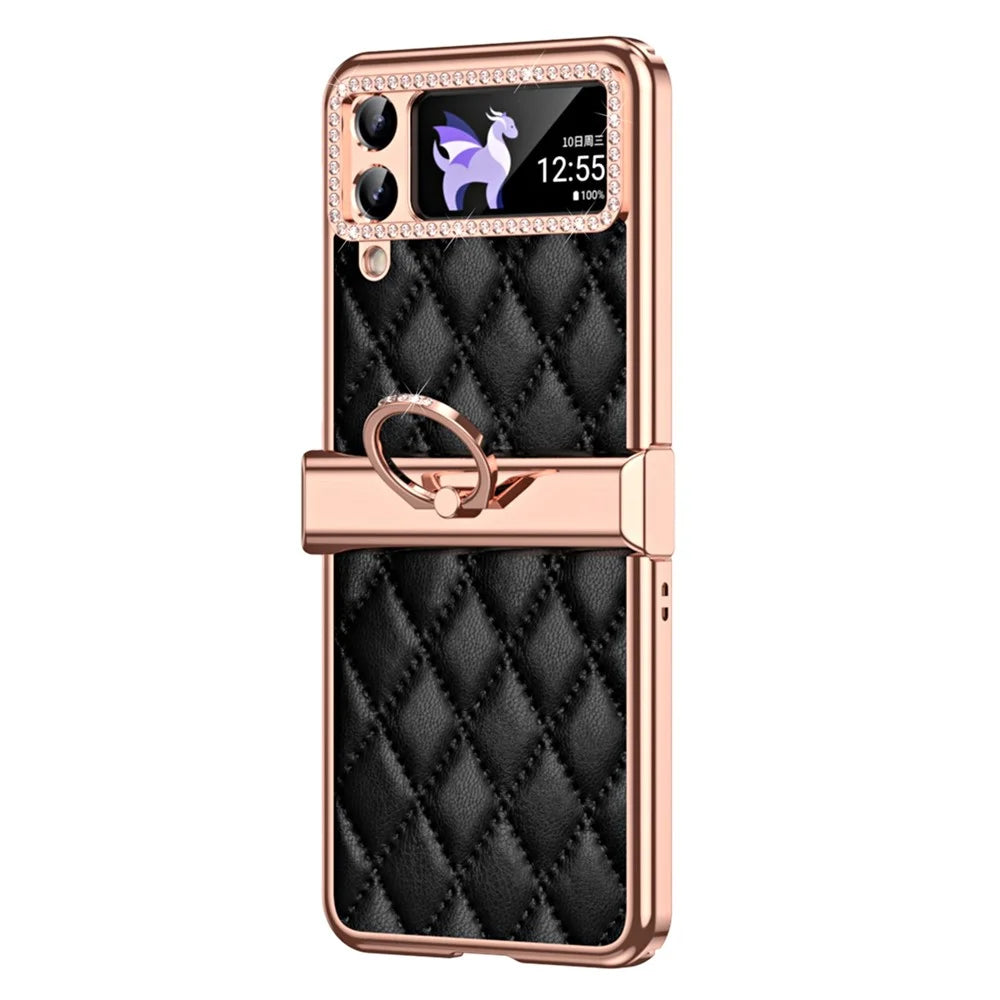 For Samsung Galaxy Z Flip4 5G Ring Kickstand PU Leather Coated PC Phone Case Rhinestone Decor Electroplate Imprinted Rhombus Grid Pattern Shockproof Cover - Black - 2