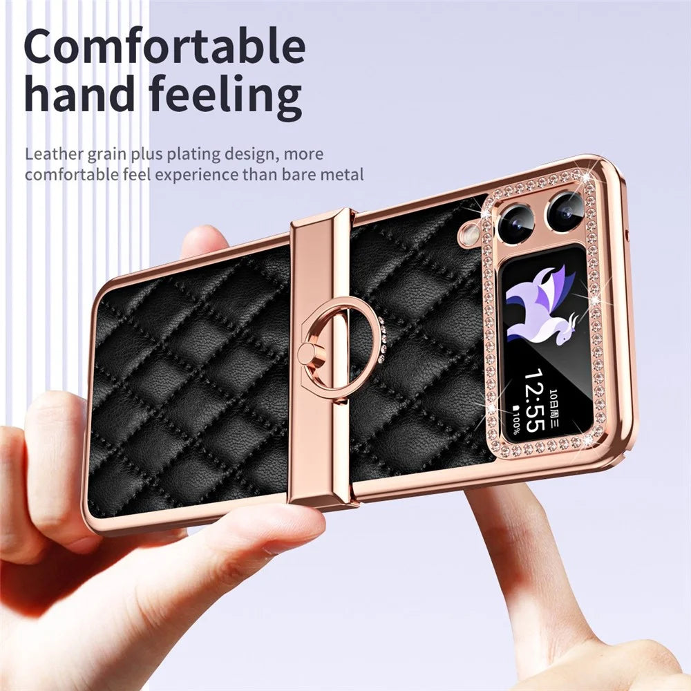 For Samsung Galaxy Z Flip4 5G Ring Kickstand PU Leather Coated PC Phone Case Rhinestone Decor Electroplate Imprinted Rhombus Grid Pattern Shockproof Cover - Black - 3