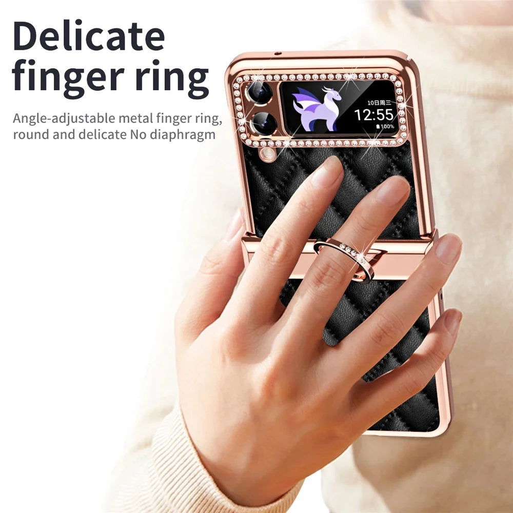 For Samsung Galaxy Z Flip4 5G Ring Kickstand PU Leather Coated PC Phone Case Rhinestone Decor Electroplate Imprinted Rhombus Grid Pattern Shockproof Cover - Black - 4