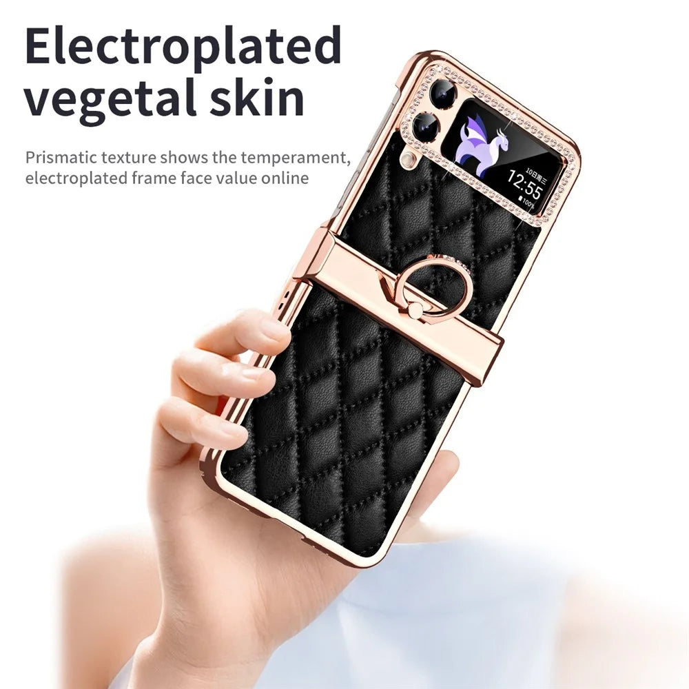 For Samsung Galaxy Z Flip4 5G Ring Kickstand PU Leather Coated PC Phone Case Rhinestone Decor Electroplate Imprinted Rhombus Grid Pattern Shockproof Cover - Black - 5