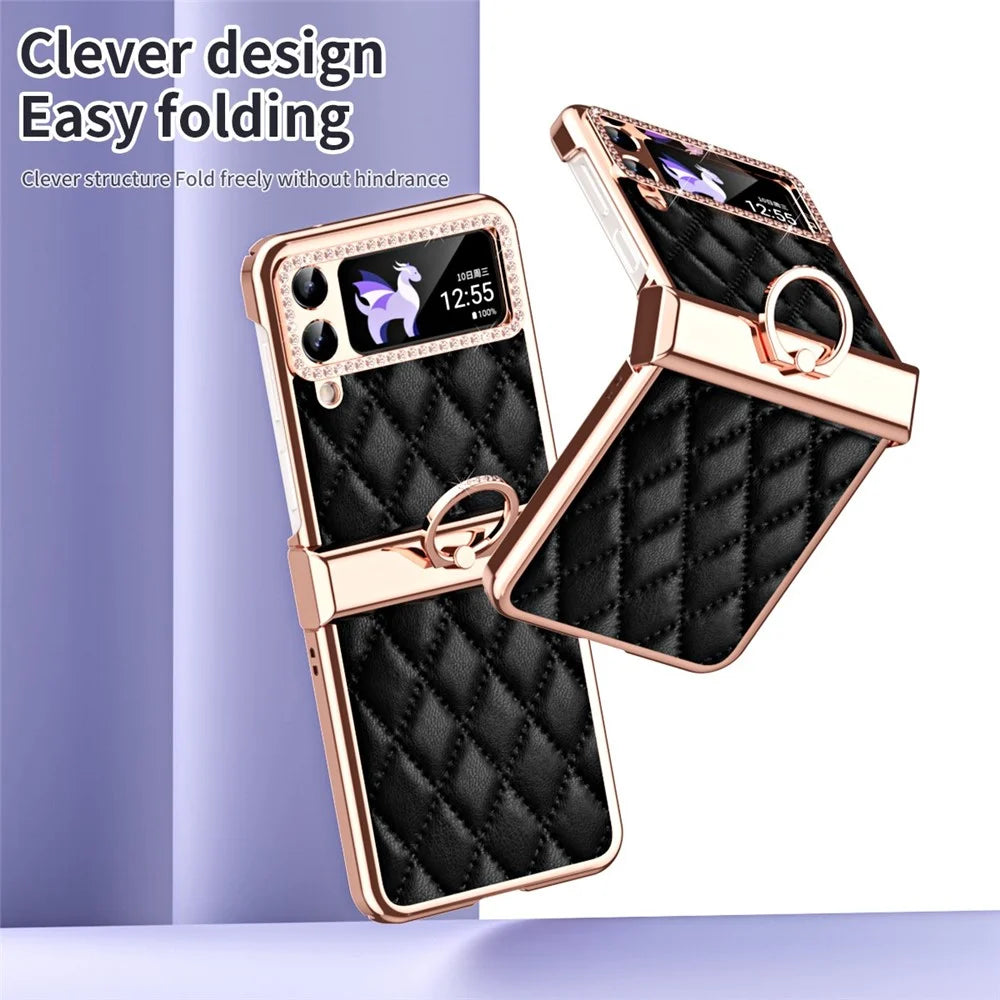 For Samsung Galaxy Z Flip4 5G Ring Kickstand PU Leather Coated PC Phone Case Rhinestone Decor Electroplate Imprinted Rhombus Grid Pattern Shockproof Cover - Black - 6