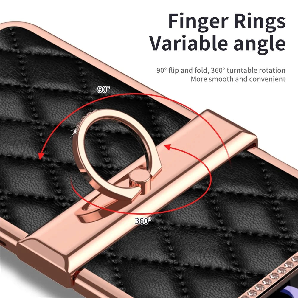 For Samsung Galaxy Z Flip4 5G Ring Kickstand PU Leather Coated PC Phone Case Rhinestone Decor Electroplate Imprinted Rhombus Grid Pattern Shockproof Cover - Black - 7
