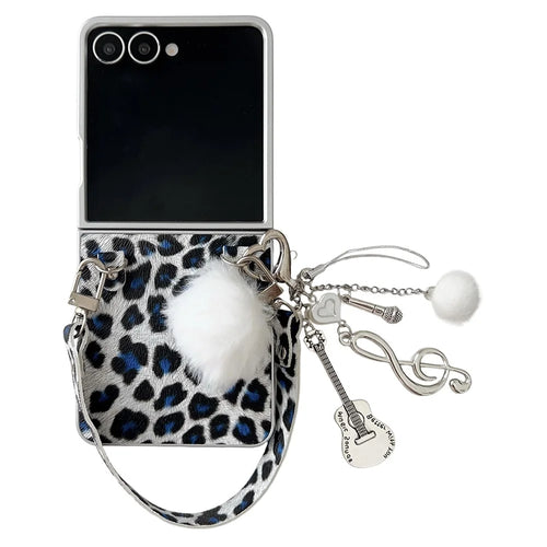 For Samsung Galaxy Z Flip7 5G Case Leopard Print Leather + PC Phone Cover with Guitar Pendant and Strap - White - 1