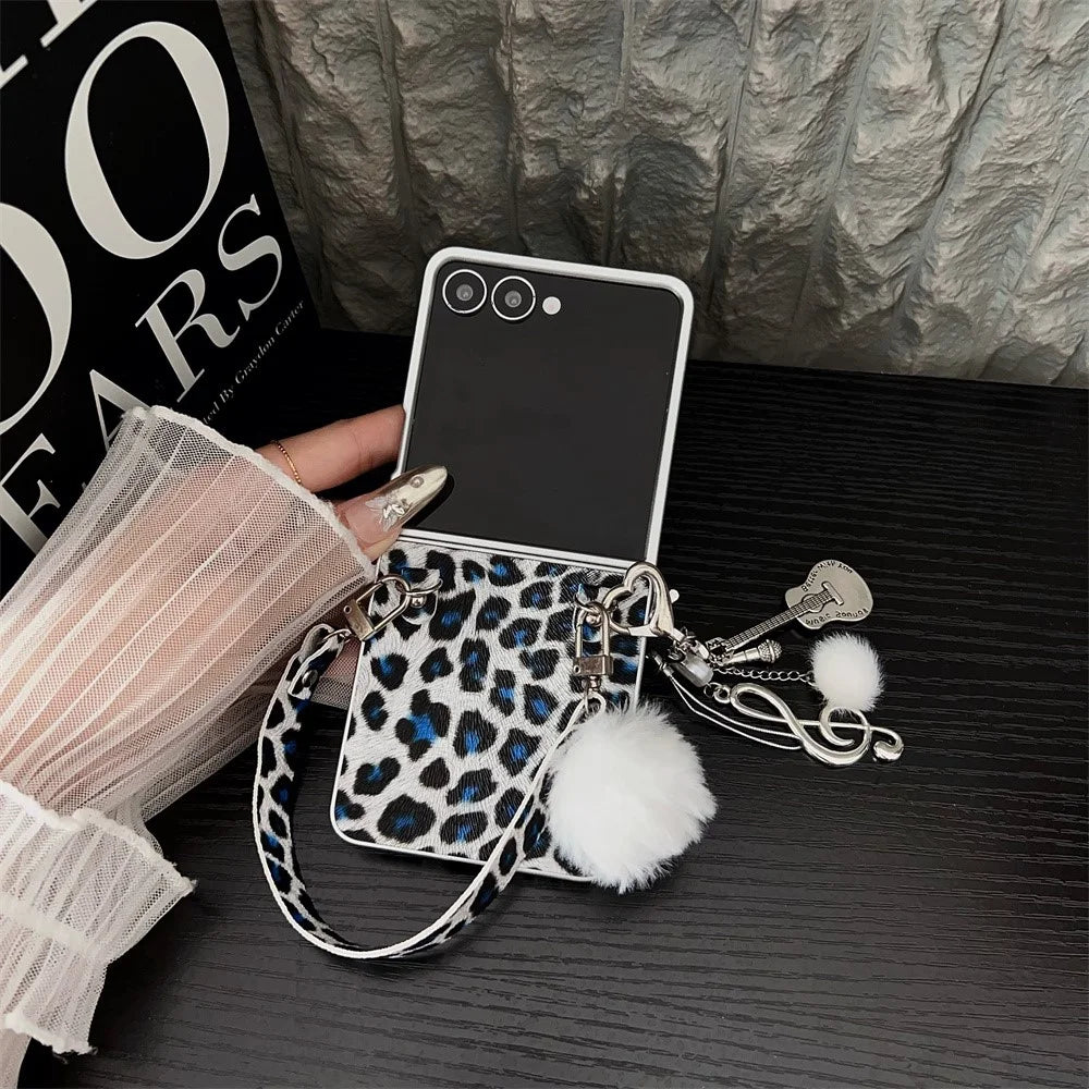 For Samsung Galaxy Z Flip7 5G Case Leopard Print Leather + PC Phone Cover with Guitar Pendant and Strap - White - 2