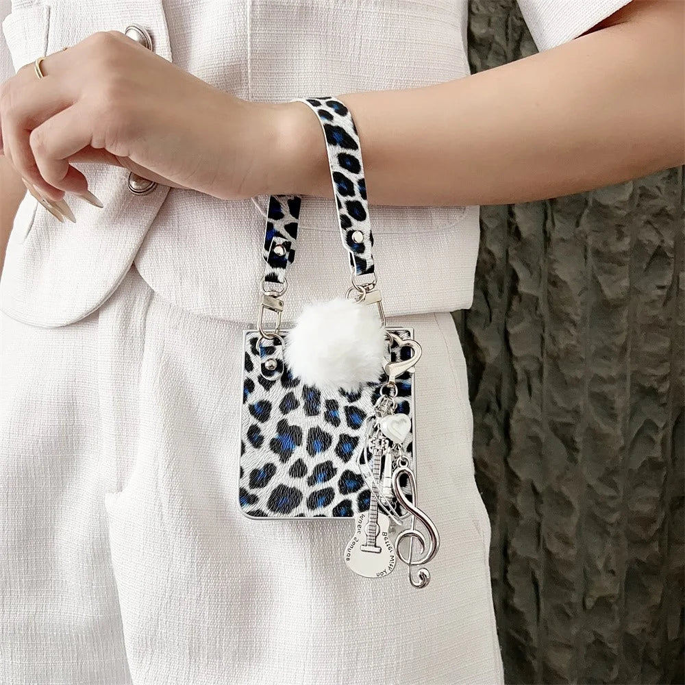 For Samsung Galaxy Z Flip7 5G Case Leopard Print Leather + PC Phone Cover with Guitar Pendant and Strap - White - 3