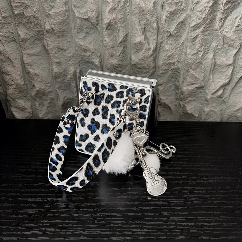 For Samsung Galaxy Z Flip7 5G Case Leopard Print Leather + PC Phone Cover with Guitar Pendant and Strap - White - 4