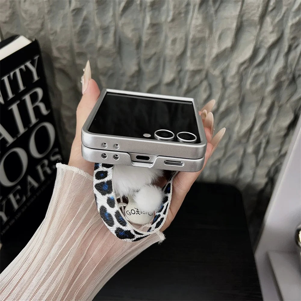 For Samsung Galaxy Z Flip7 5G Case Leopard Print Leather + PC Phone Cover with Guitar Pendant and Strap - White - 6