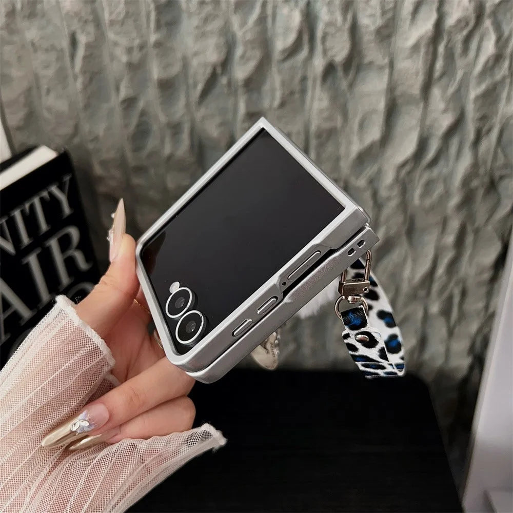 For Samsung Galaxy Z Flip7 5G Case Leopard Print Leather + PC Phone Cover with Guitar Pendant and Strap - White - 7