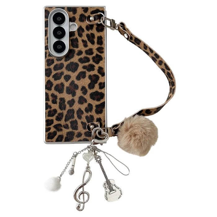 For Samsung Galaxy Z Fold7 5G Case Leopard Print Leather + PC Phone Cover with Guitar Pendant and Strap - Brown - 1