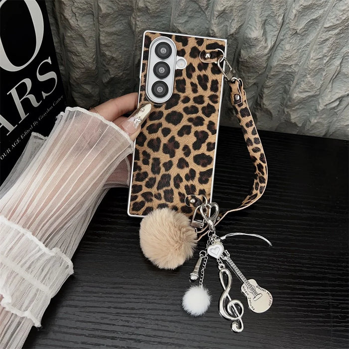 For Samsung Galaxy Z Fold7 5G Case Leopard Print Leather + PC Phone Cover with Guitar Pendant and Strap - Brown - 2