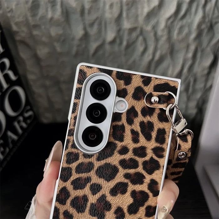 For Samsung Galaxy Z Fold7 5G Case Leopard Print Leather + PC Phone Cover with Guitar Pendant and Strap - Brown - 5