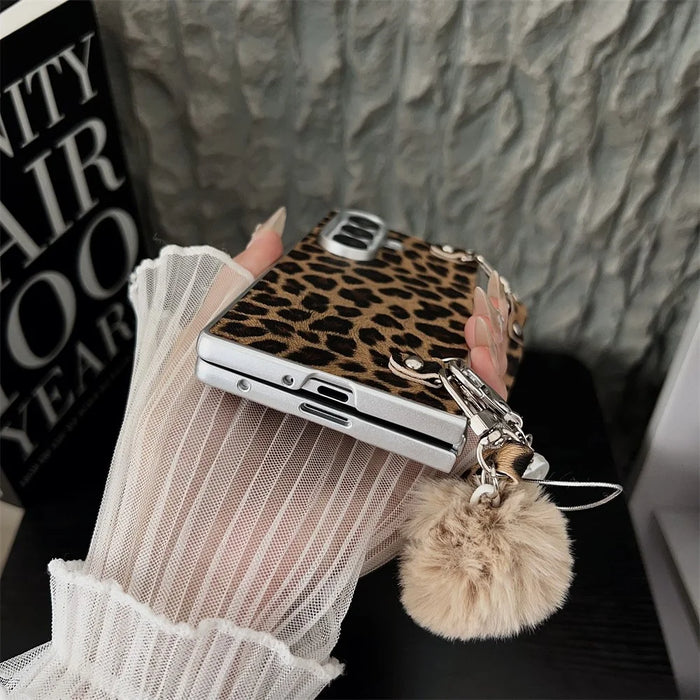 For Samsung Galaxy Z Fold7 5G Case Leopard Print Leather + PC Phone Cover with Guitar Pendant and Strap - Brown - 7