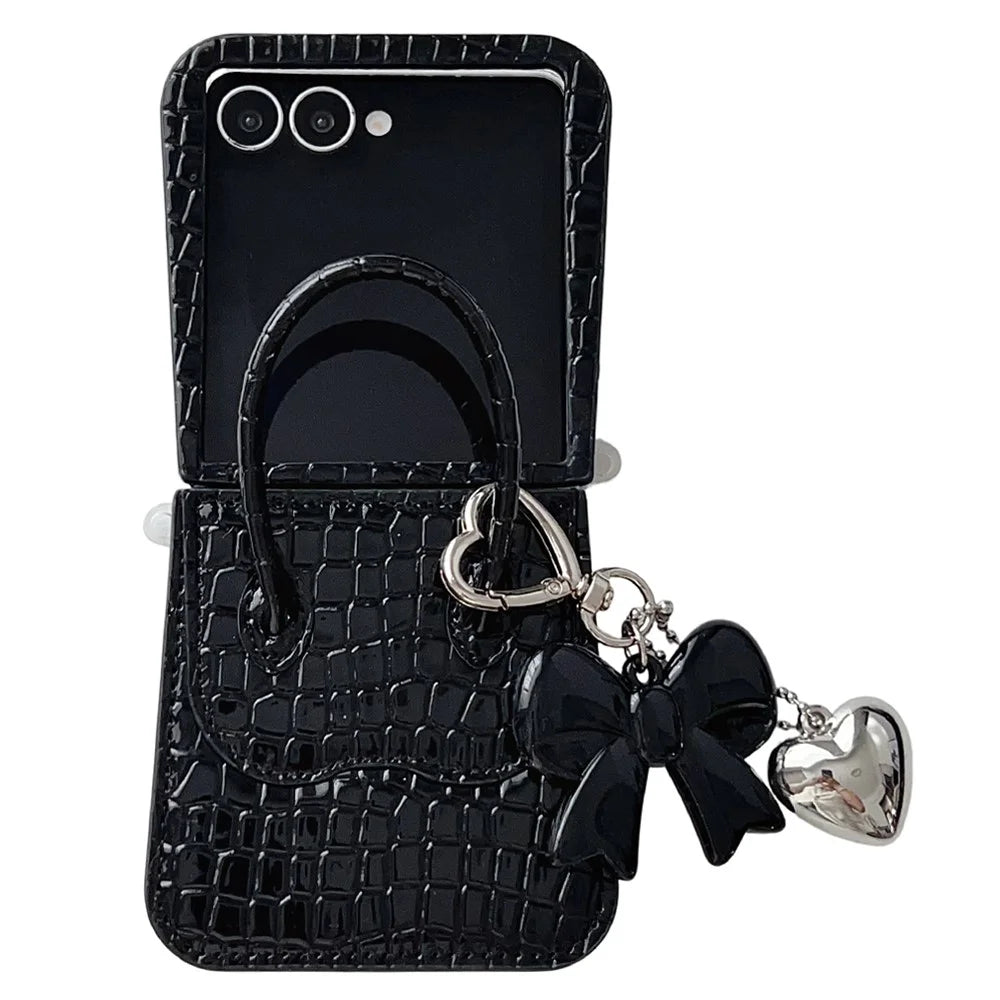 For Samsung Galaxy Z Flip7 5G Case Handbag Crocodile Texture Leather + PC Phone Cover with Bow Heart Pendant - Black - 1