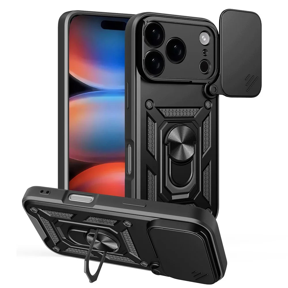 AMORUS For iPhone 17 Pro Case Kickstand PC + TPU Phone Cover with Camera Lens Slider - Black - 1