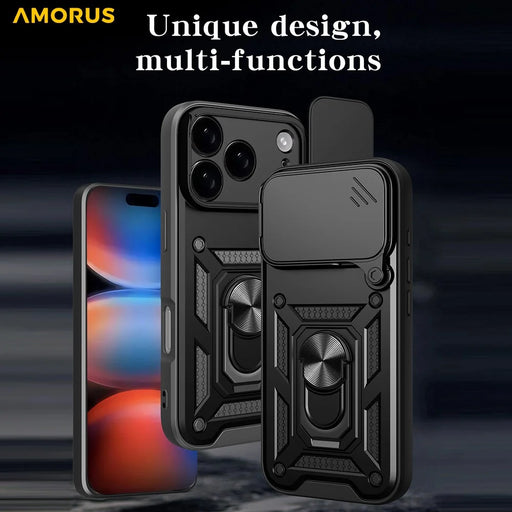 AMORUS For iPhone 17 Pro Case Kickstand PC + TPU Phone Cover with Camera Lens Slider - Black - 2