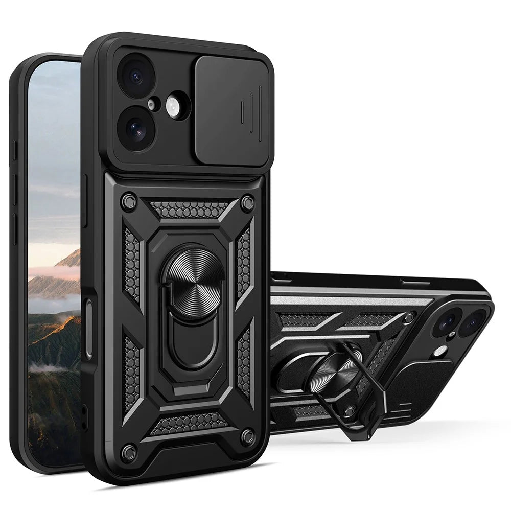 AMORUS For iPhone 17 Case Kickstand PC + TPU Phone Cover with Camera Lens Slider - Black - 1