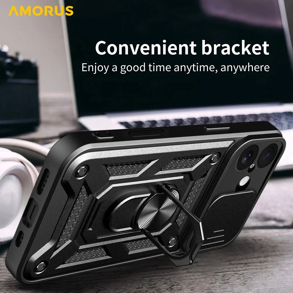 AMORUS For iPhone 17 Case Kickstand PC + TPU Phone Cover with Camera Lens Slider - Black - 3