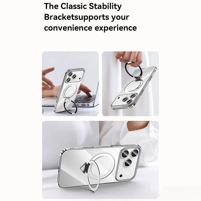 SULADA For iPhone 17 Pro Max Case Compatible with MagSafe Electroplated Foldable Kickstand Clear PC Phone Cover - Titanium - 3