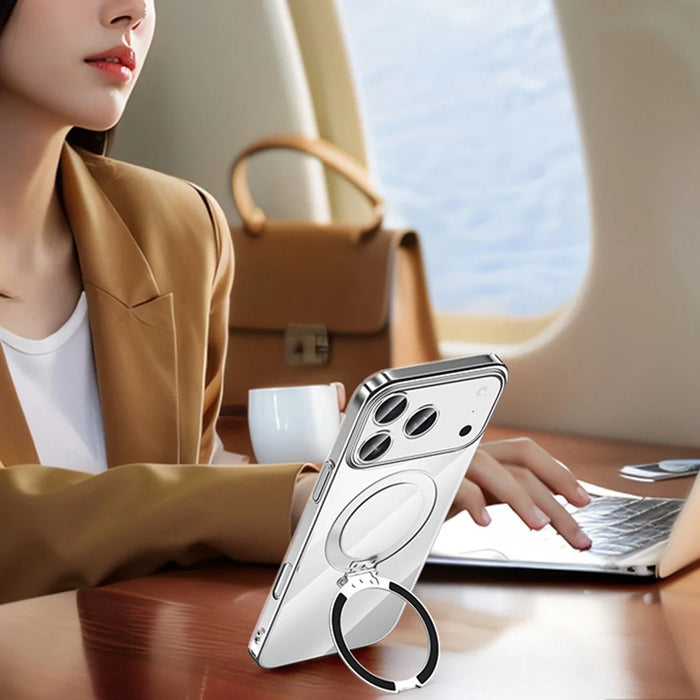 SULADA For iPhone 17 Pro Max Case Compatible with MagSafe Electroplated Foldable Kickstand Clear PC Phone Cover - Titanium - 4