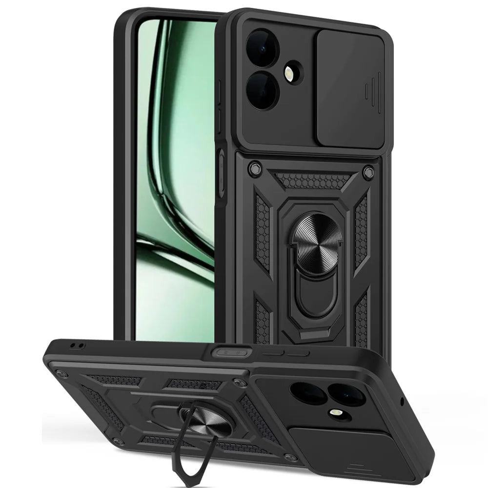 AMORUS For Samsung Galaxy A08 5G / A08 4G / A07 5G / A07 4G Case Kickstand PC + TPU Phone Cover with Camera Lens Slider - Black - 1