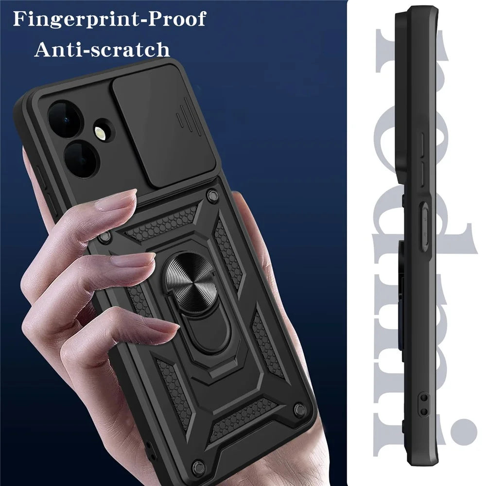 AMORUS For Samsung Galaxy A08 5G / A08 4G / A07 5G / A07 4G Case Kickstand PC + TPU Phone Cover with Camera Lens Slider - Black - 4