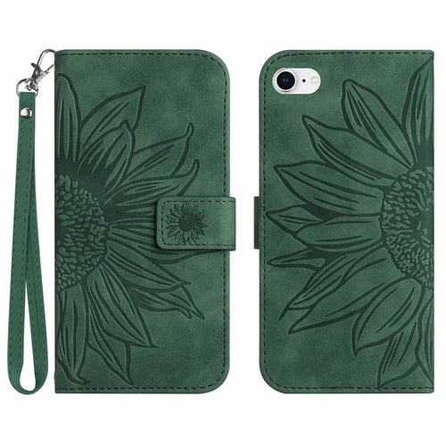 For iPhone 7 / 8 / SE (2020) / SE (2022) HT04 Skin-Touch PU Leather Phone Case Anti-fingerprint Imprinted Sunflower Stand Wallet Cover with Hand Strap - Dark Green - 1
