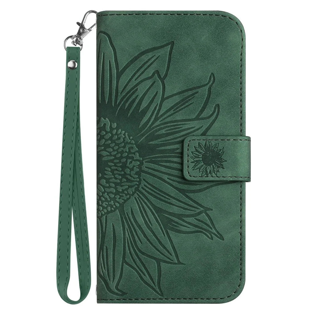 For iPhone 7 / 8 / SE (2020) / SE (2022) HT04 Skin-Touch PU Leather Phone Case Anti-fingerprint Imprinted Sunflower Stand Wallet Cover with Hand Strap - Dark Green - 7