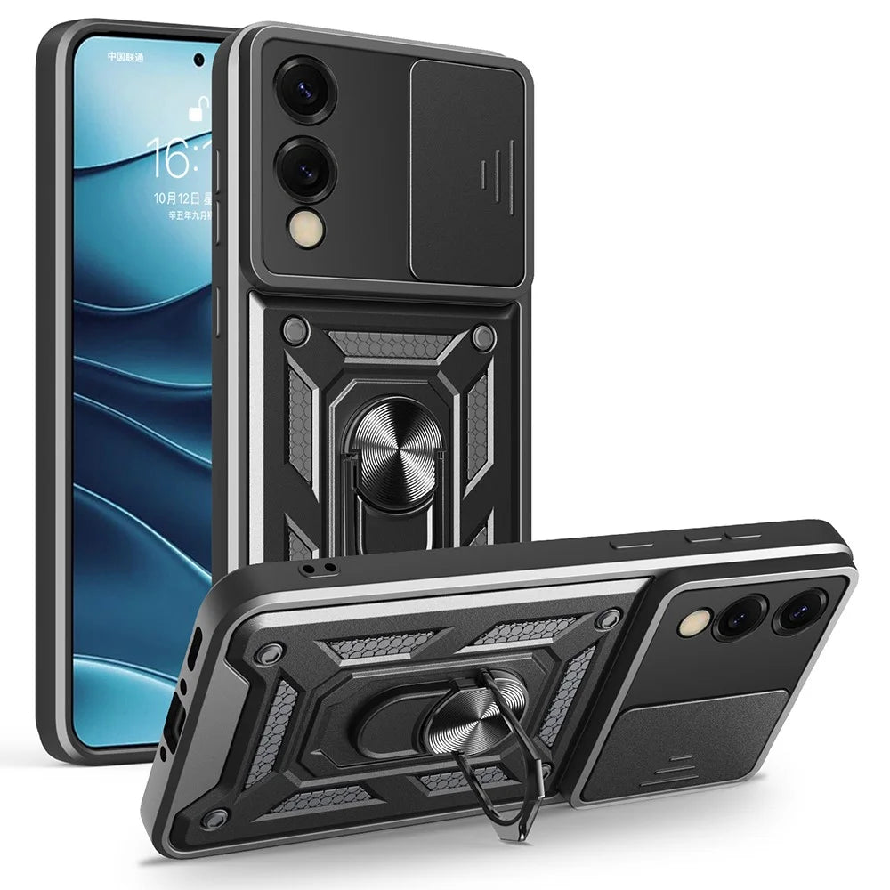 AMORUS For Samsung Galaxy S25 Edge Case Kickstand PC + TPU Phone Cover with Camera Lens Slider - Black - 1