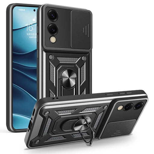 AMORUS For Samsung Galaxy S25 Edge Case Kickstand PC + TPU Phone Cover with Camera Lens Slider - Black - 1