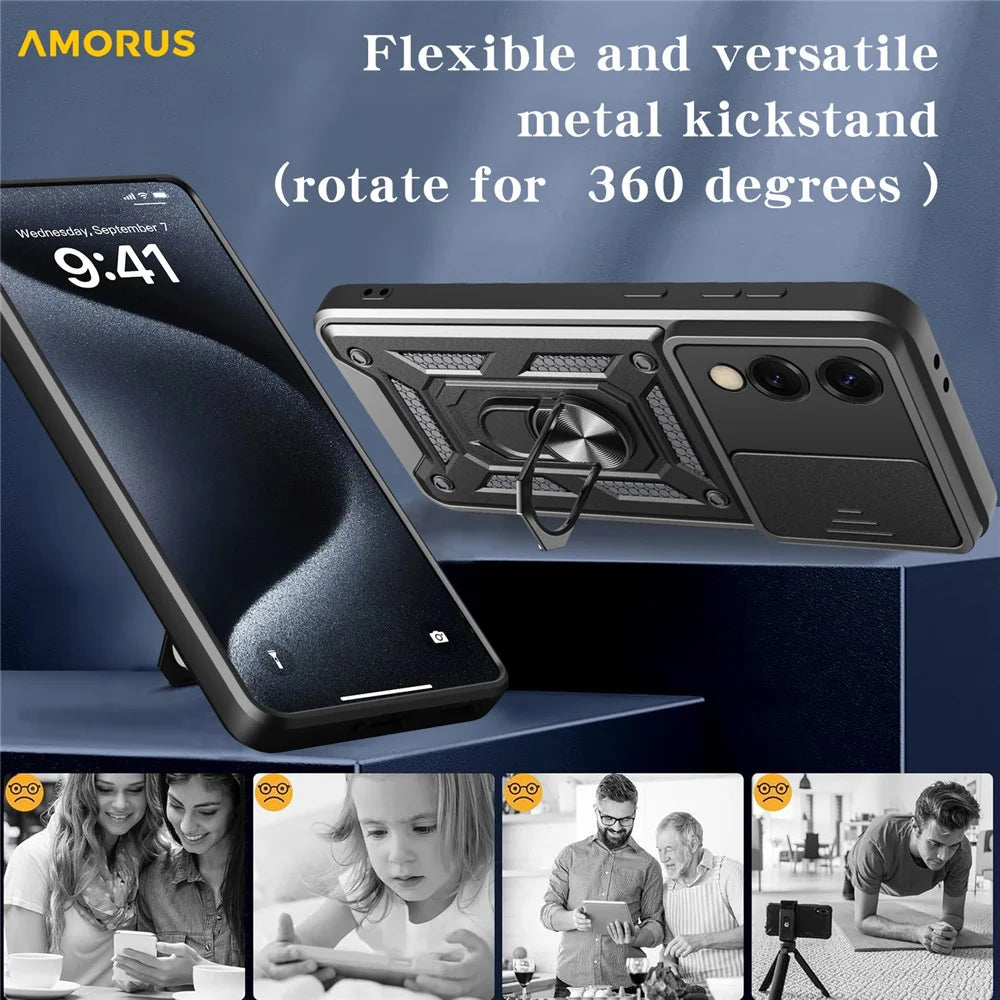 AMORUS For Samsung Galaxy S25 Edge Case Kickstand PC + TPU Phone Cover with Camera Lens Slider - Black - 2