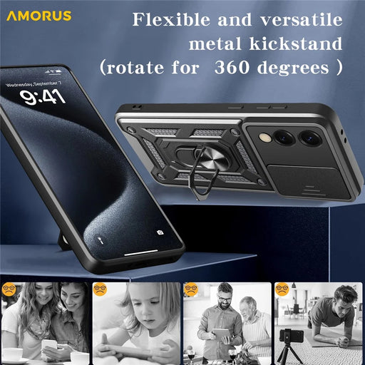 AMORUS For Samsung Galaxy S25 Edge Case Kickstand PC + TPU Phone Cover with Camera Lens Slider - Black - 2