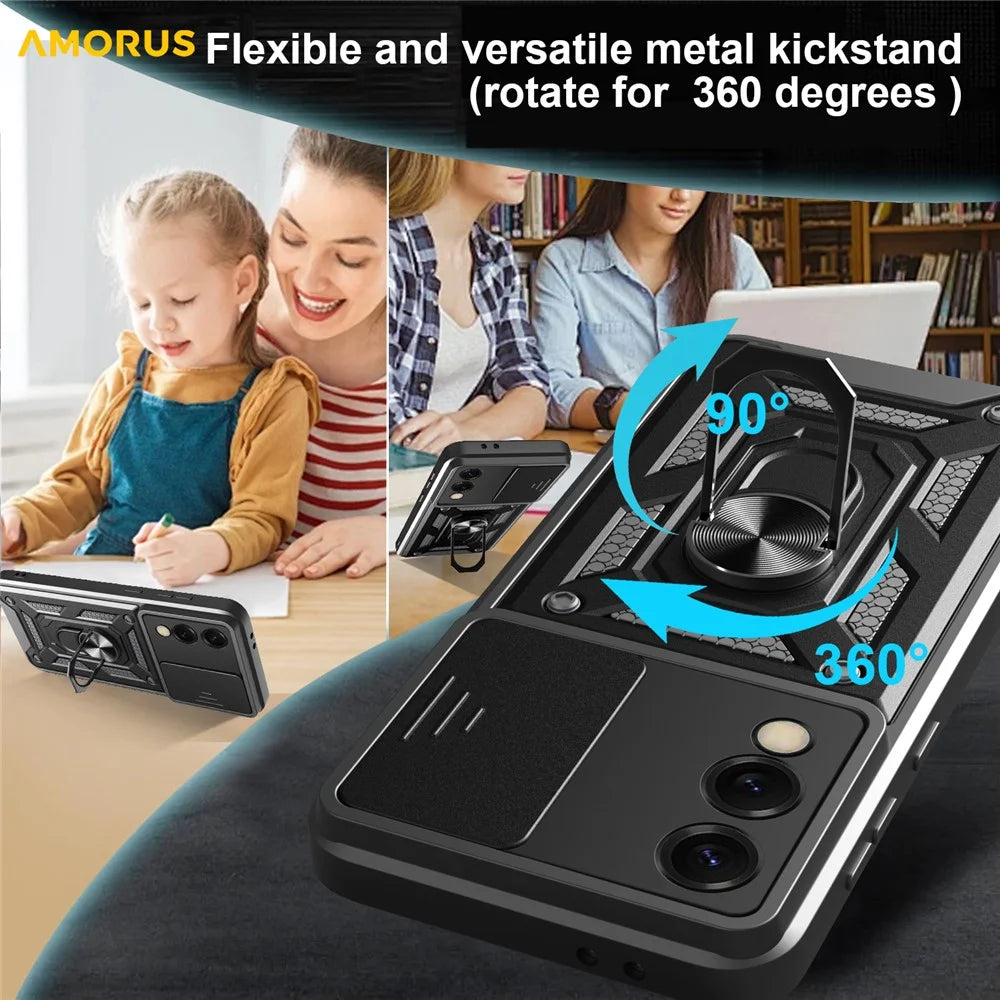 AMORUS For Samsung Galaxy S25 Edge Case Kickstand PC + TPU Phone Cover with Camera Lens Slider - Black - 3