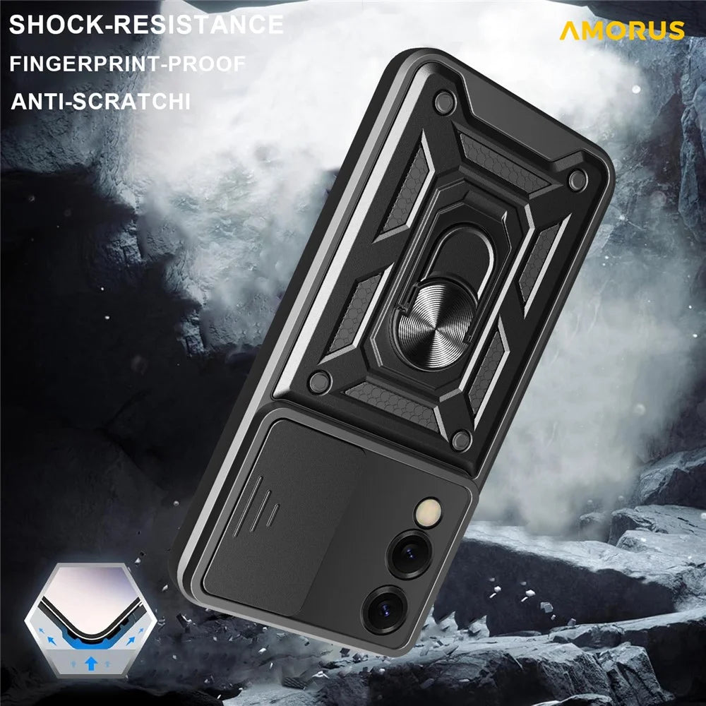 AMORUS For Samsung Galaxy S25 Edge Case Kickstand PC + TPU Phone Cover with Camera Lens Slider - Black - 4