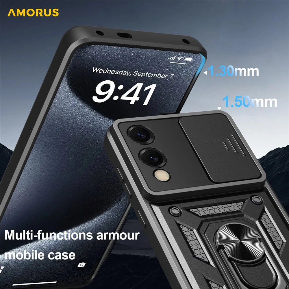 AMORUS For Samsung Galaxy S25 Edge Case Kickstand PC + TPU Phone Cover with Camera Lens Slider - Black - 5