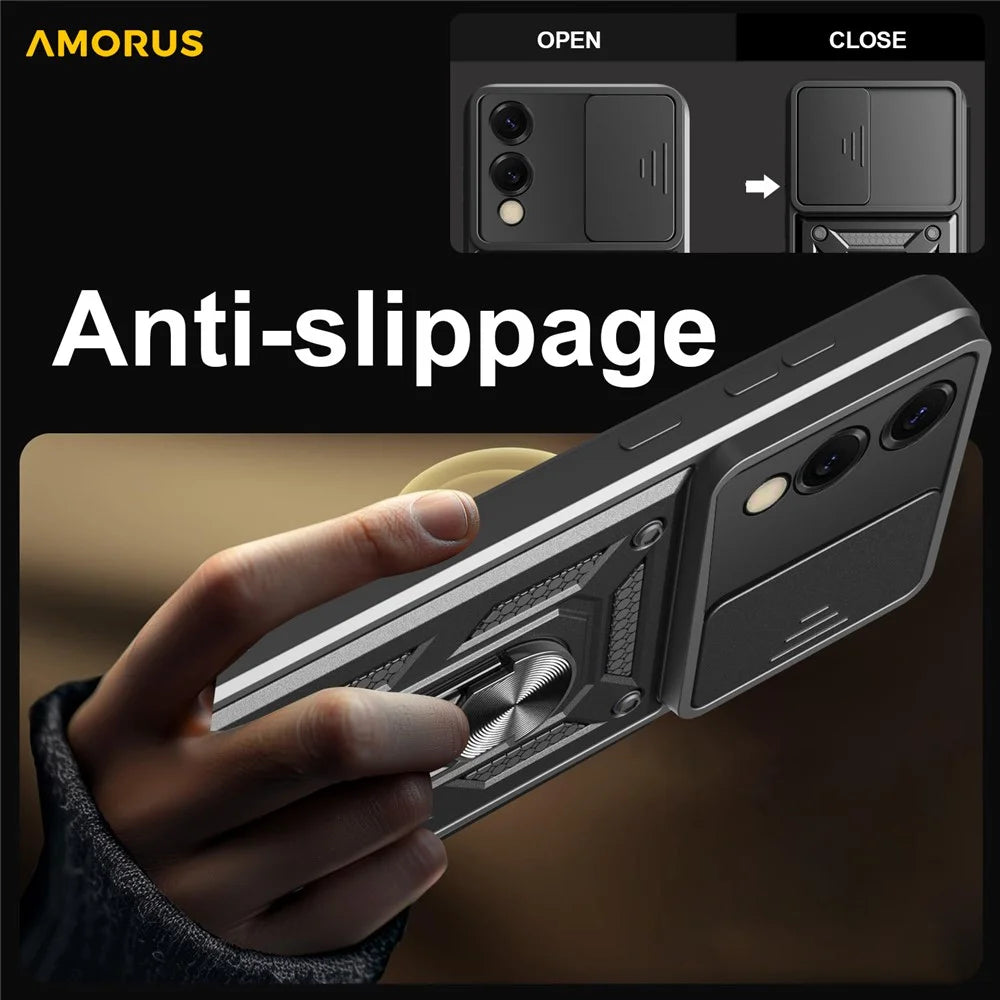 AMORUS For Samsung Galaxy S25 Edge Case Kickstand PC + TPU Phone Cover with Camera Lens Slider - Black - 6