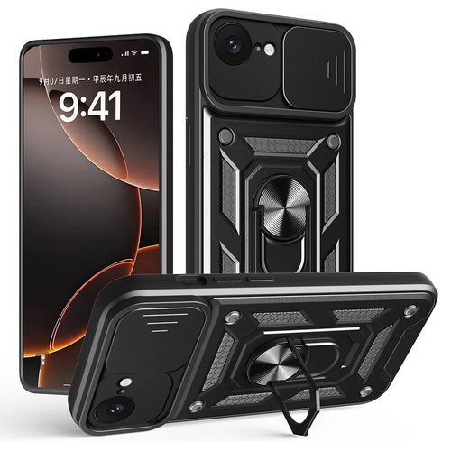 AMORUS For iPhone 17e / 16e Case Kickstand PC + TPU Phone Cover with Camera Lens Slider - Black - 1