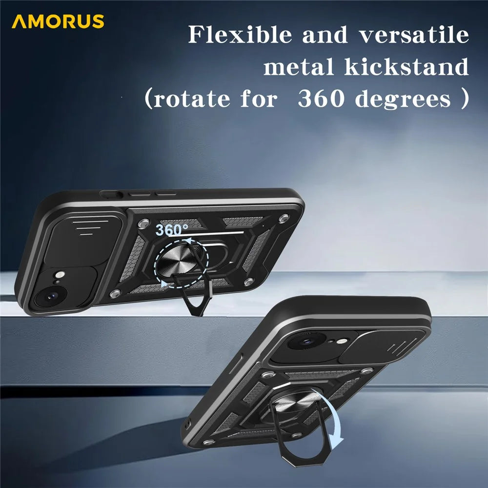 AMORUS For iPhone 17e / 16e Case Kickstand PC + TPU Phone Cover with Camera Lens Slider - Black - 2