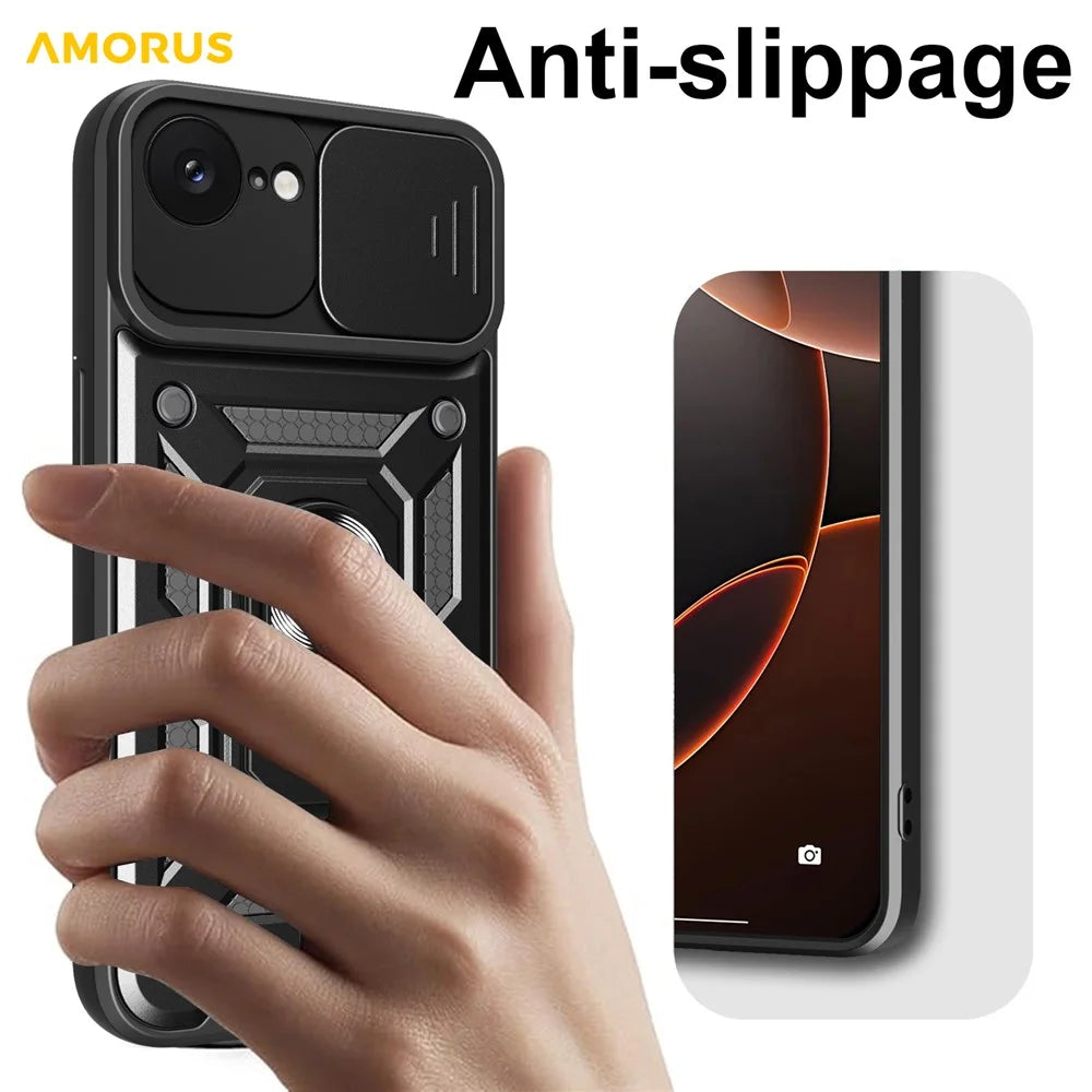 AMORUS For iPhone 17e / 16e Case Kickstand PC + TPU Phone Cover with Camera Lens Slider - Black - 3
