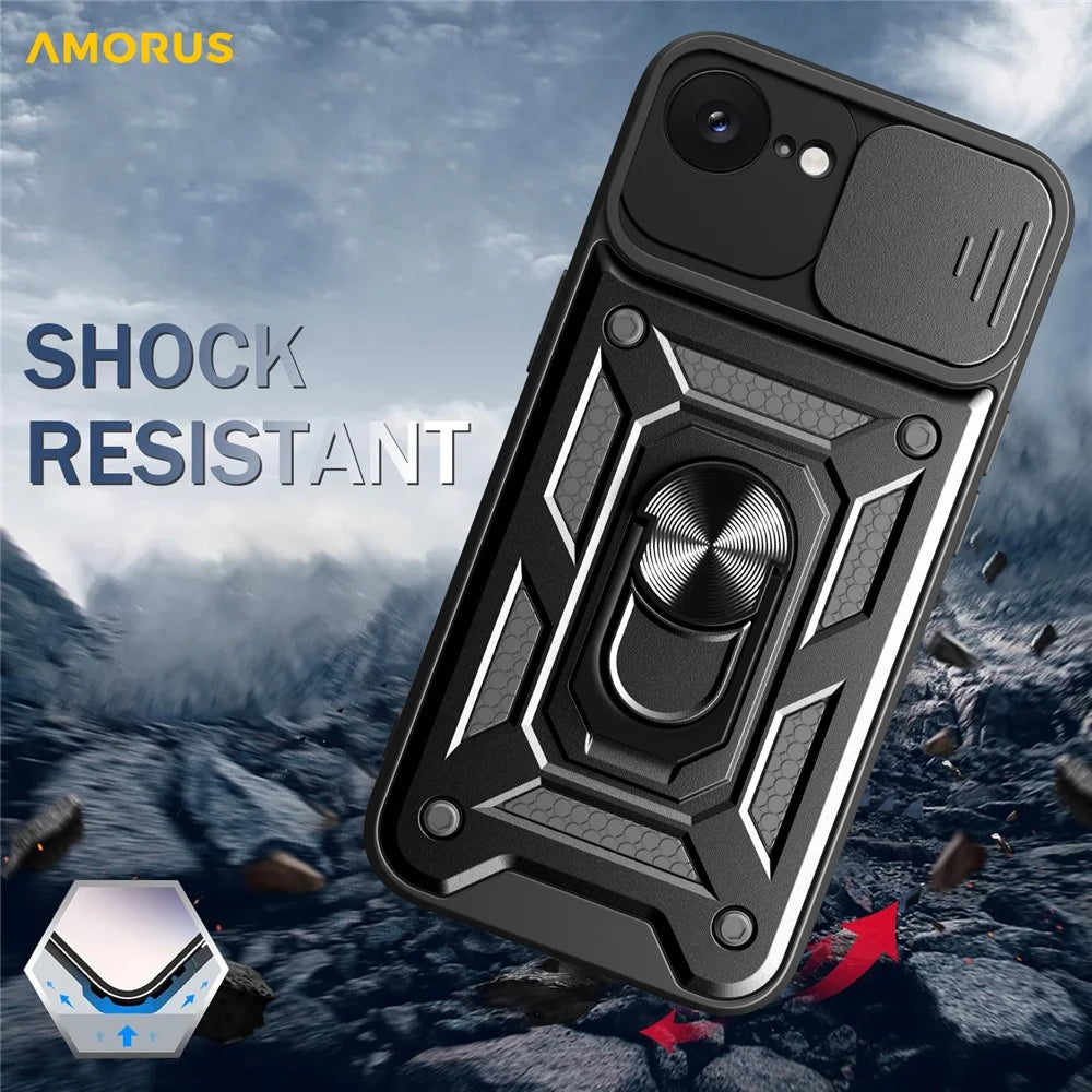 AMORUS For iPhone 17e / 16e Case Kickstand PC + TPU Phone Cover with Camera Lens Slider - Black - 4