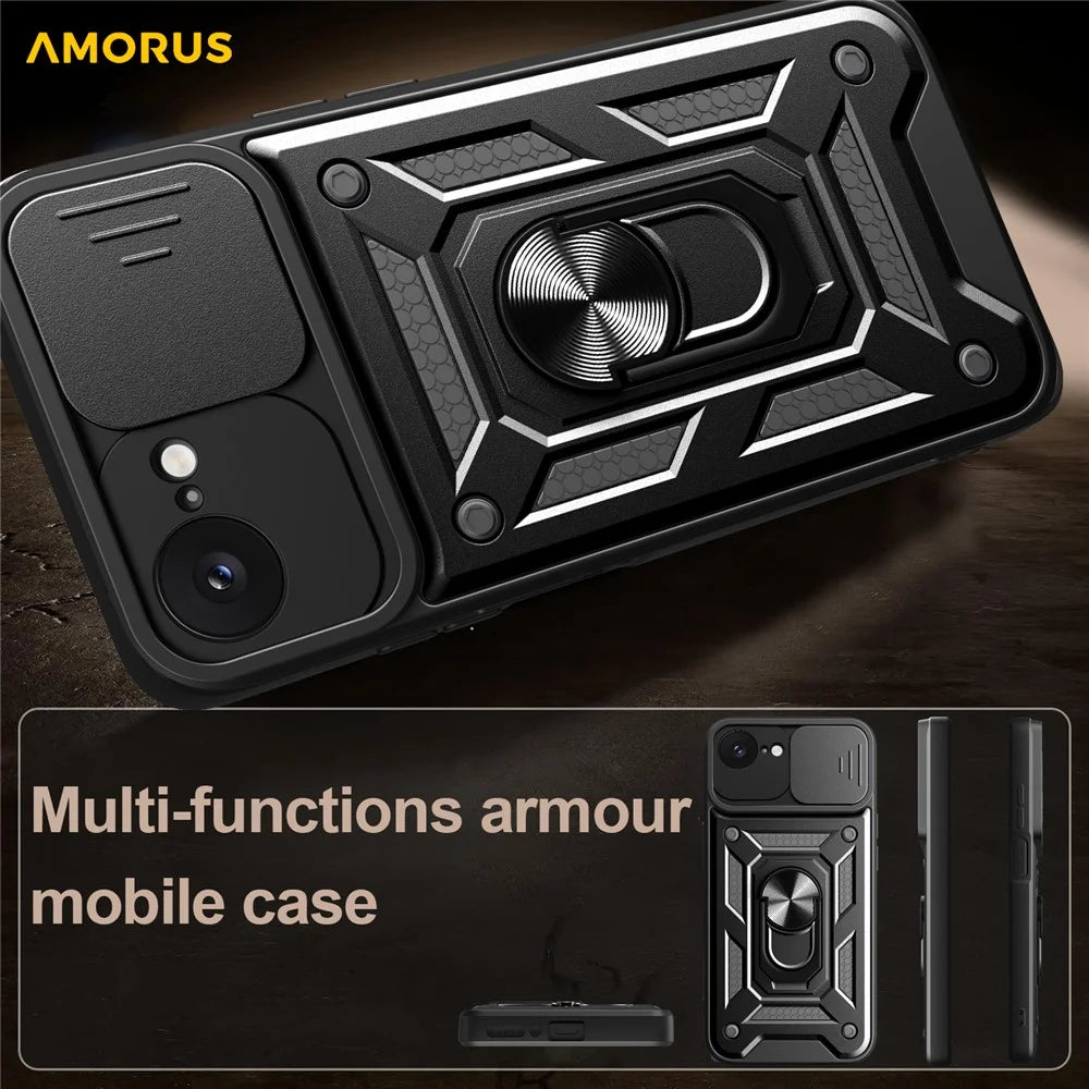 AMORUS For iPhone 17e / 16e Case Kickstand PC + TPU Phone Cover with Camera Lens Slider - Black - 6
