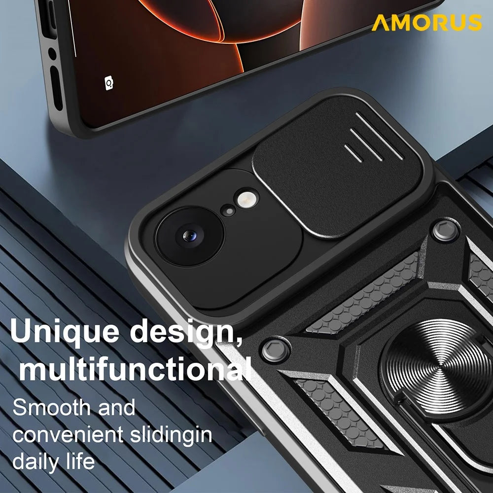 AMORUS For iPhone 17e / 16e Case Kickstand PC + TPU Phone Cover with Camera Lens Slider - Black - 7
