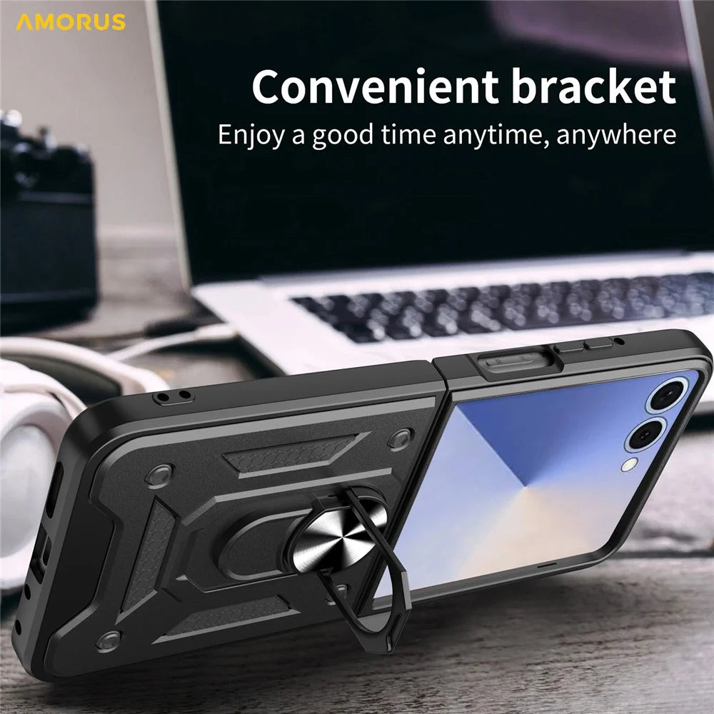 AMORUS For Samsung Galaxy Z Flip7 5G Case Kickstand PC + TPU Phone Cover - Black - 6