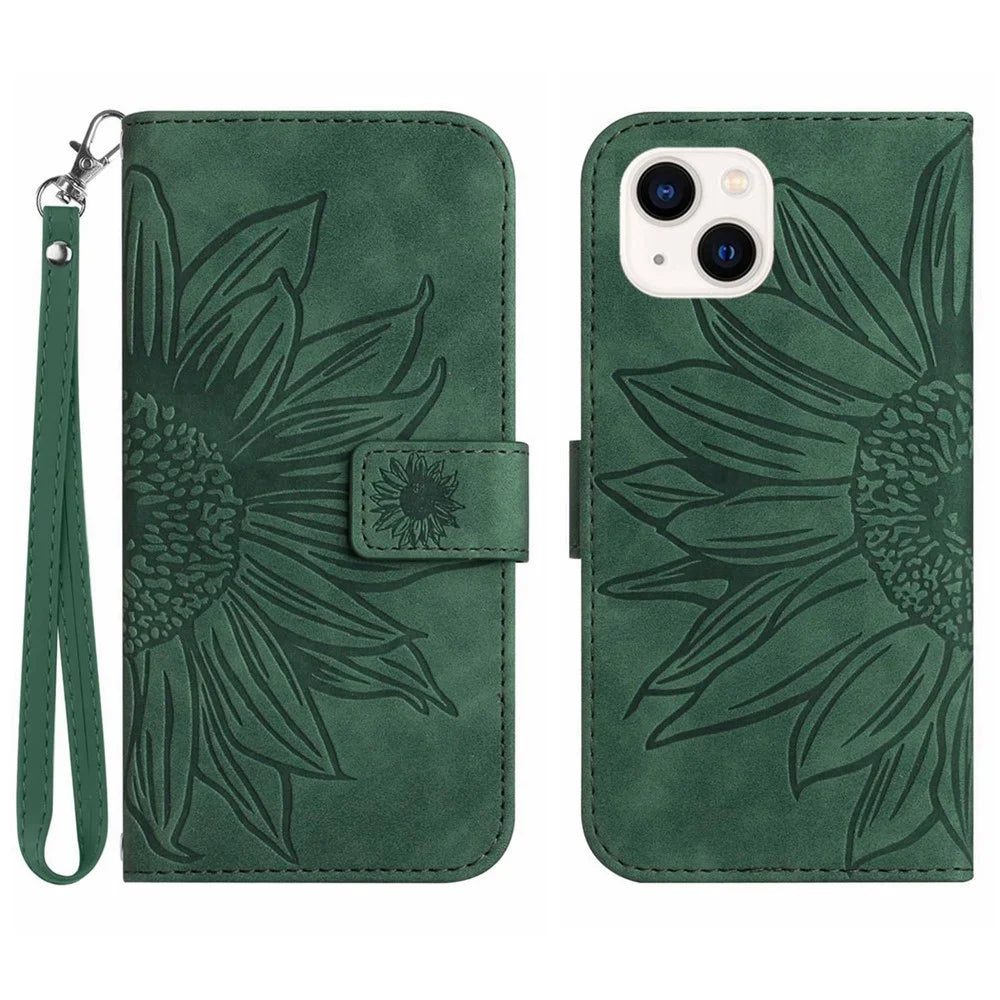 Flip Phone Case for iPhone 13 6.1 inch, HT04 Imprinted Sunflower Stand PU Leather Skin-Touch Magnetic Wallet Cover with Strap - Dark Green - 1
