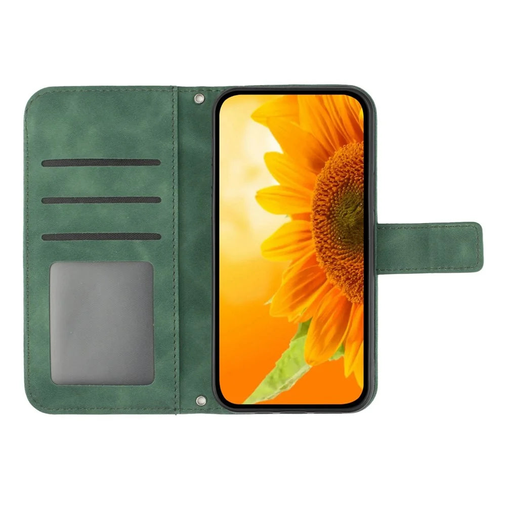 Flip Phone Case for iPhone 13 6.1 inch, HT04 Imprinted Sunflower Stand PU Leather Skin-Touch Magnetic Wallet Cover with Strap - Dark Green - 2