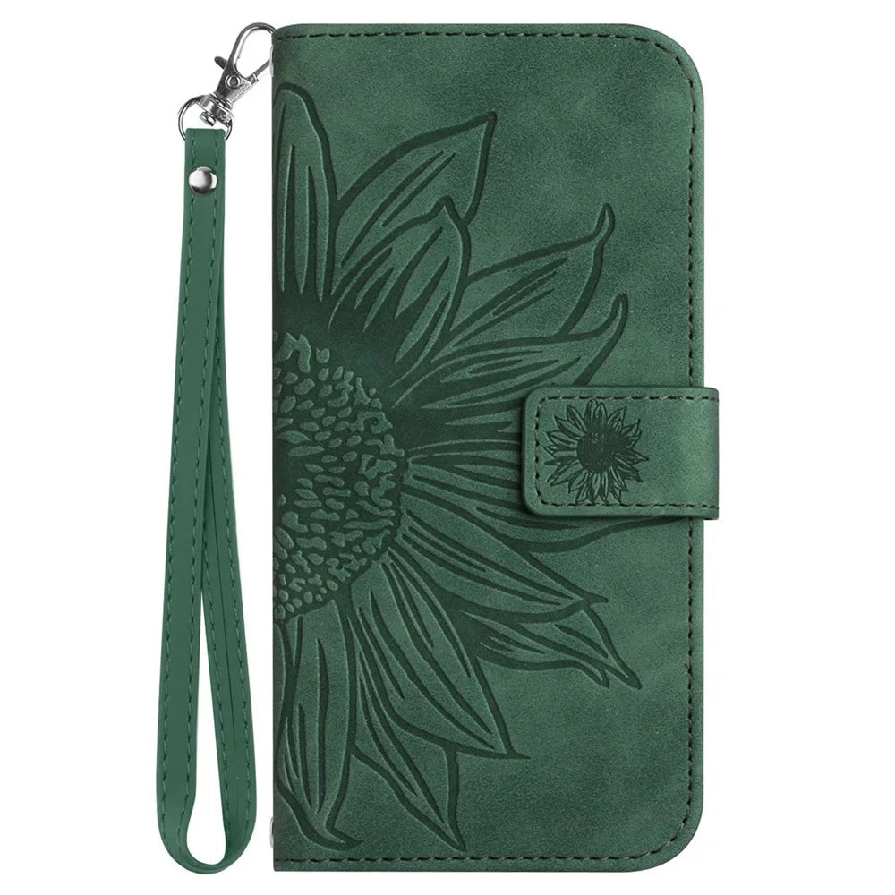 Flip Phone Case for iPhone 13 6.1 inch, HT04 Imprinted Sunflower Stand PU Leather Skin-Touch Magnetic Wallet Cover with Strap - Dark Green - 7