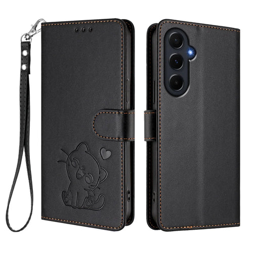 For Samsung Galaxy A55 5G Wallet Case with Wrist Strap Love Cat Pattern Imprint Leather Phone Cover - Black - 1