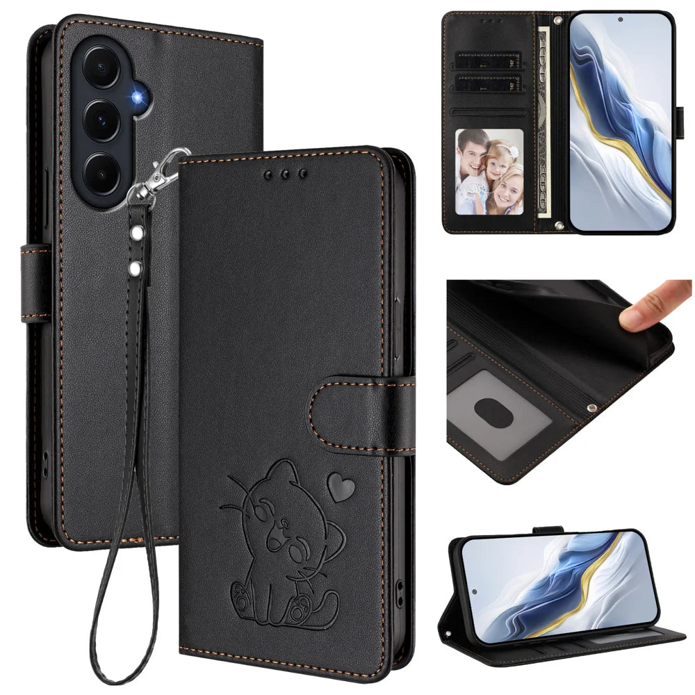 For Samsung Galaxy A55 5G Wallet Case with Wrist Strap Love Cat Pattern Imprint Leather Phone Cover - Black - 2