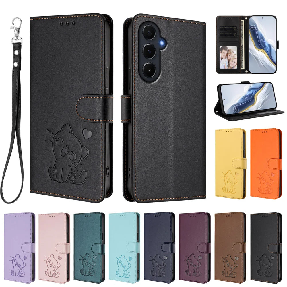 For Samsung Galaxy A55 5G Wallet Case with Wrist Strap Love Cat Pattern Imprint Leather Phone Cover - Black - 3