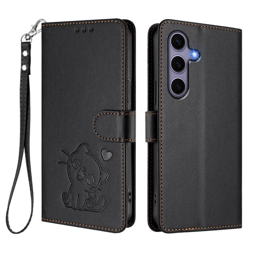 For Samsung Galaxy S24 / Galaxy S25 Wallet Case with Wrist Strap Love Cat Pattern Imprint Leather Phone Cover - Black - 1